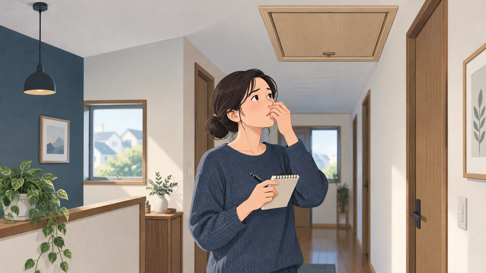 屋根裏付近のにおいに気づき状況を記録する人