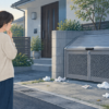 家の外のごみ置き場の変化を確認する人