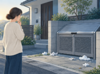 家の外のごみ置き場の変化を確認する人