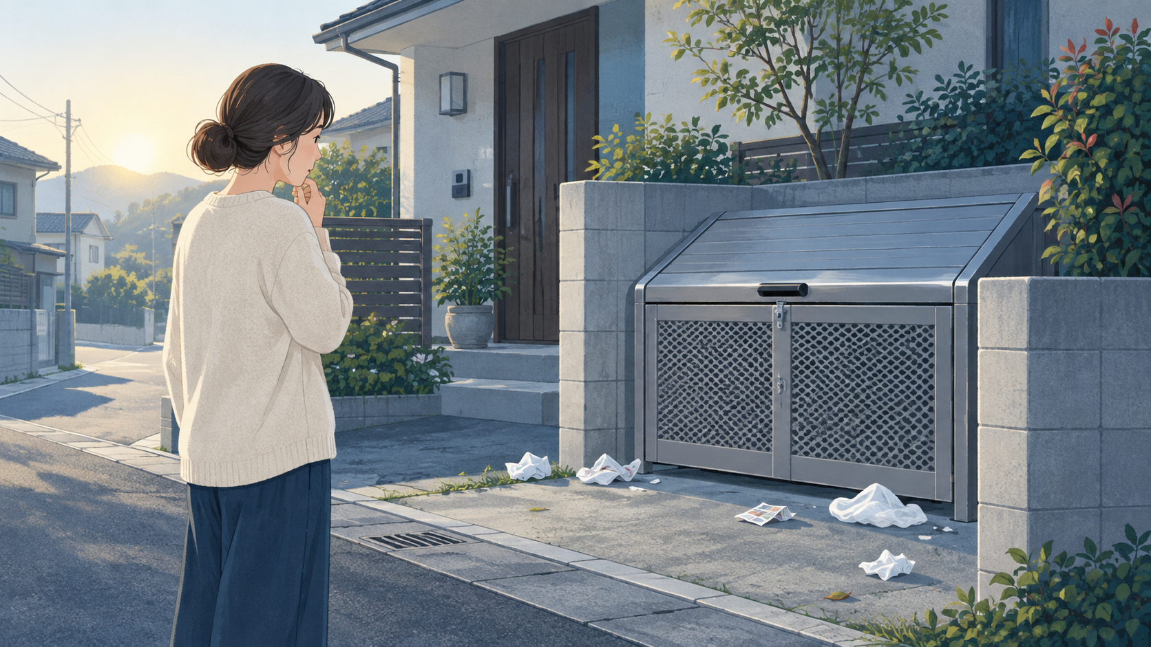 家の外のごみ置き場の変化を確認する人