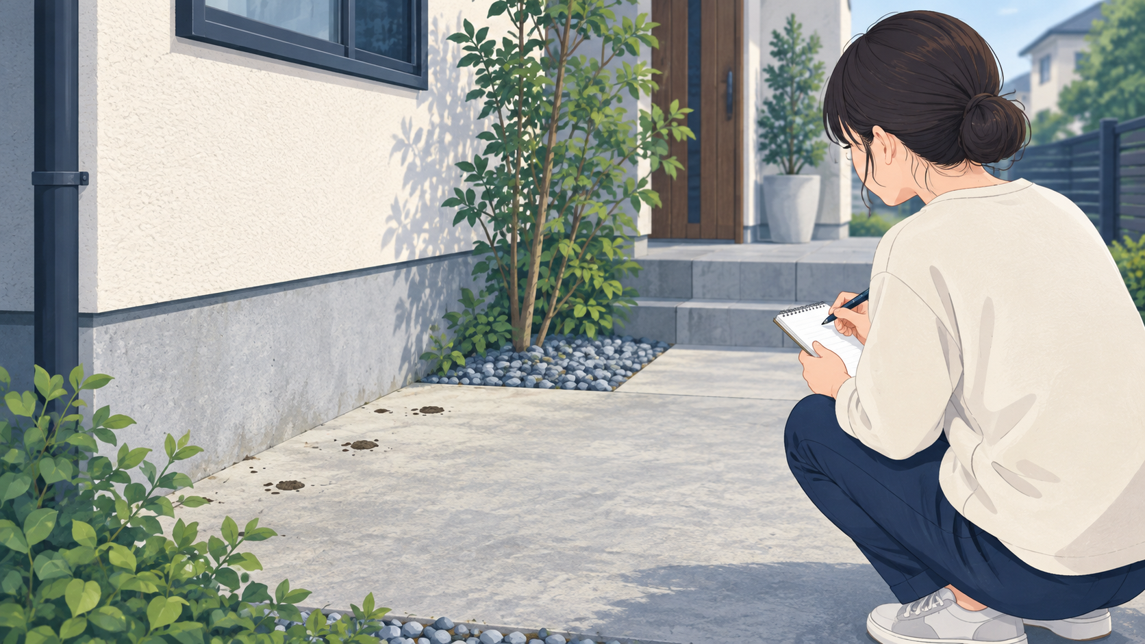 家の外で見つけた不明な痕跡を記録する人