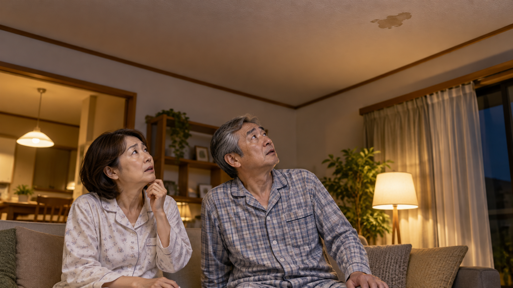 夜のリビングで天井裏の物音に不安そうに見上げる夫婦