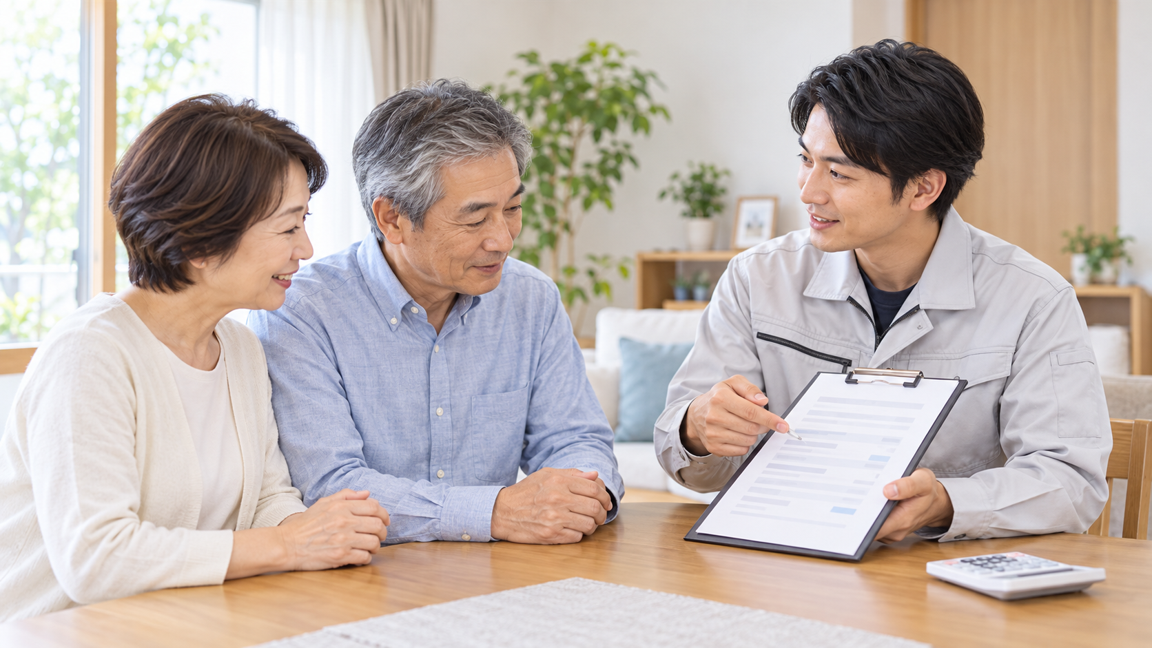 駆除作業員が見積書を見せながら60代の夫婦に費用を説明する様子