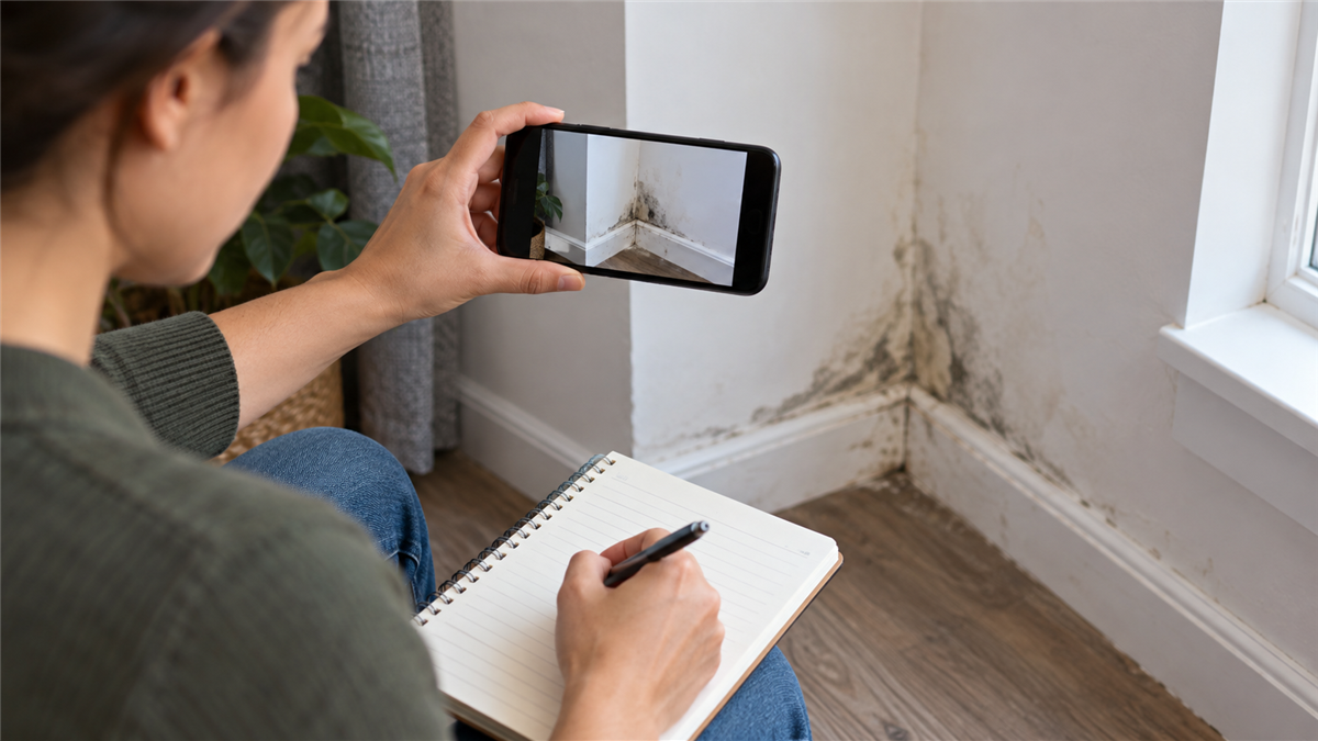 被害状況をスマートフォンとノートに記録する様子
