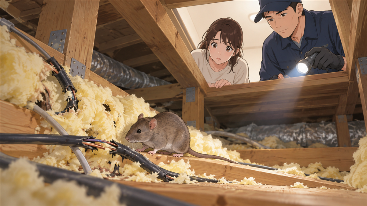 屋根裏のネズミによる断熱材や配線の被害を確認