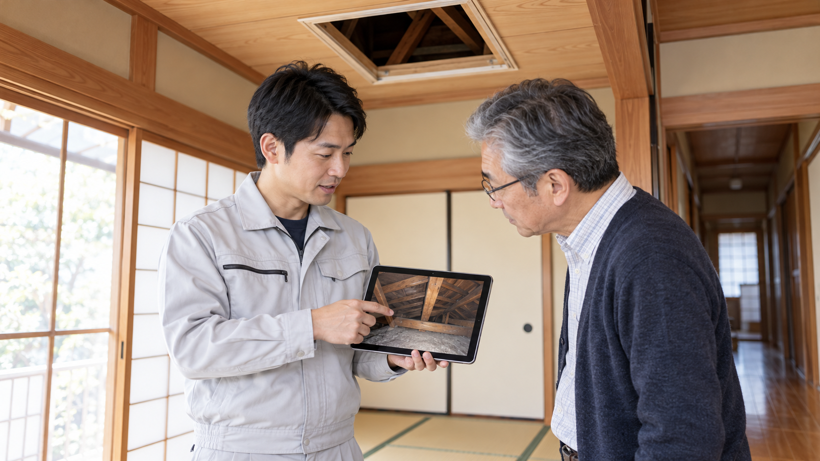 駆除作業員がタブレットで屋根裏の写真を見せ、60代の男性に調査結果を説明する様子