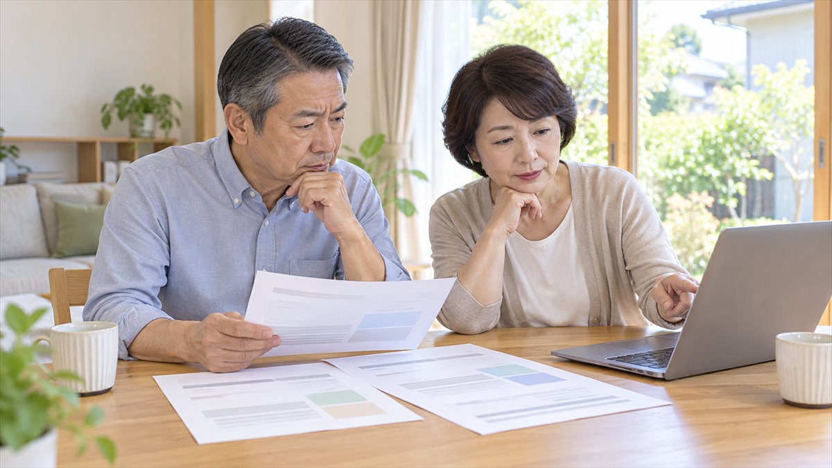見積書を見比べて害獣駆除業者を選ぶ60代の夫婦