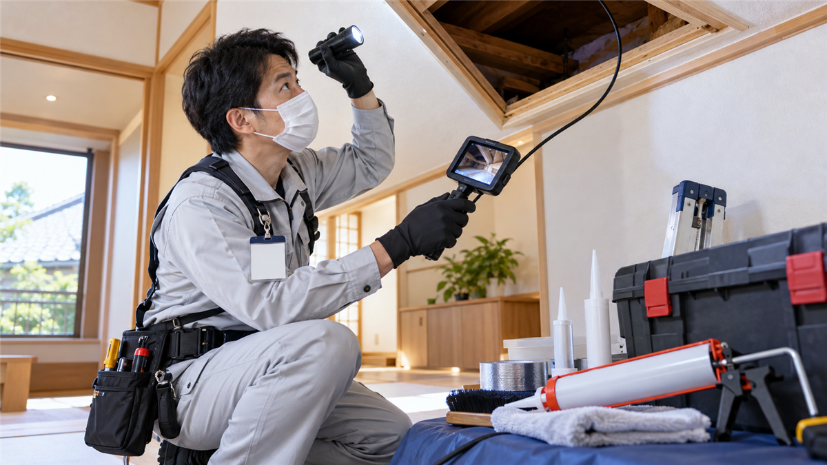 専門機材を使って住宅を点検する駆除スタッフ