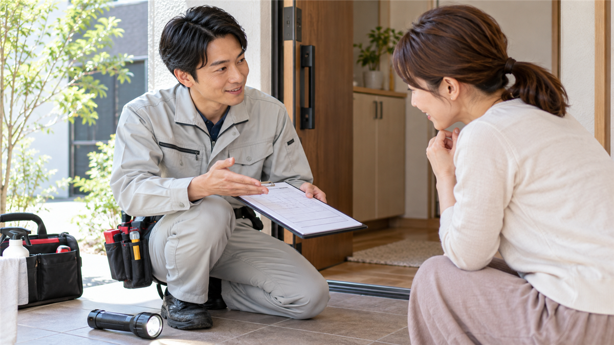 個人宅で駆除業者の説明を受ける様子
