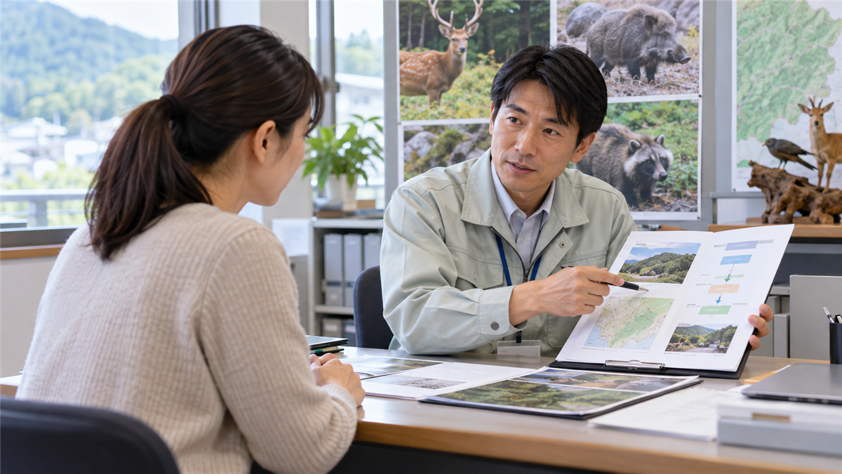 自治体窓口で捕獲許可を確認する様子