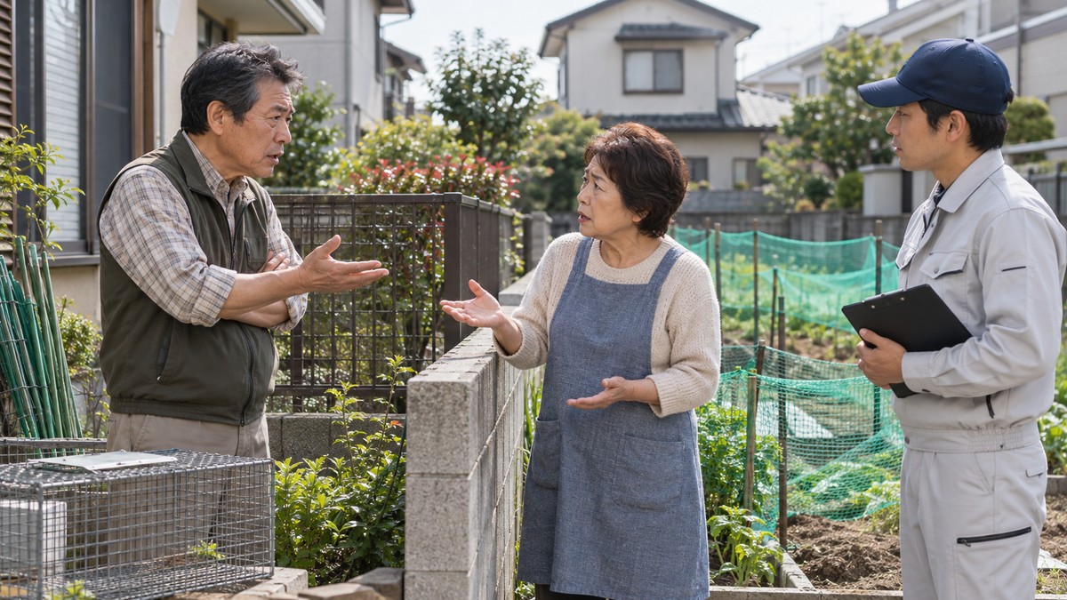 害獣対策をめぐり近隣住民と専門業者が話し合う様子