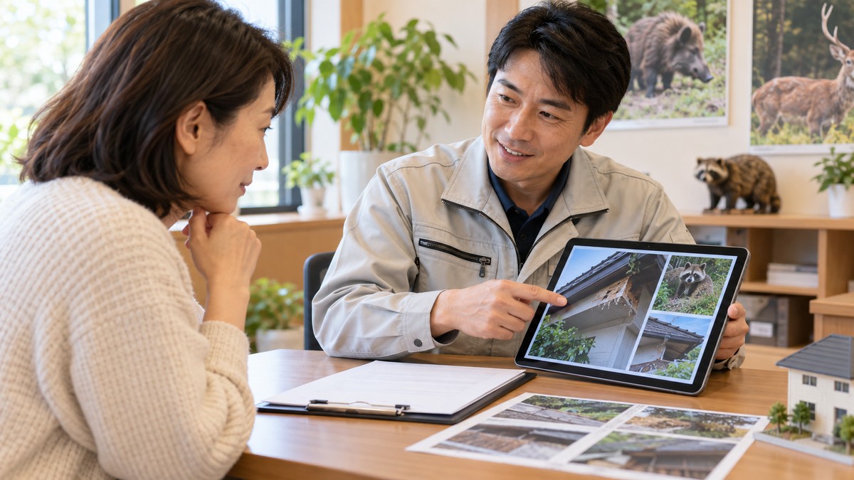 害獣被害について専門業者に相談する様子