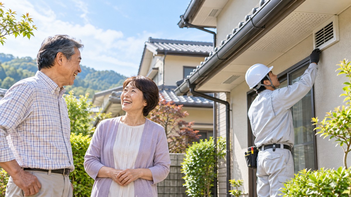害獣対策が完了し安心した近隣住民と点検する専門業者