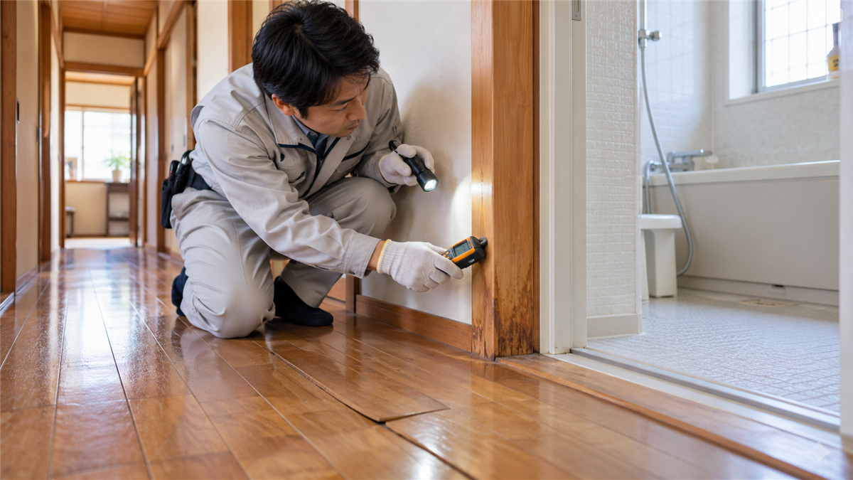 住宅内でシロアリ被害の初期兆候を点検する専門家