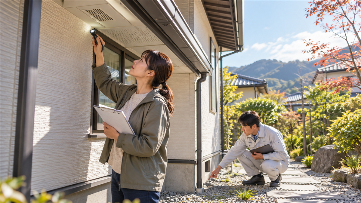住宅外周の隙間を定期点検する様子