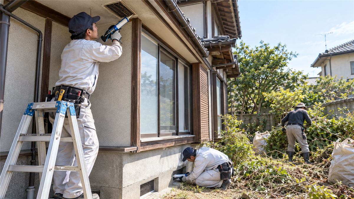 空き家の清掃と侵入口封鎖作業