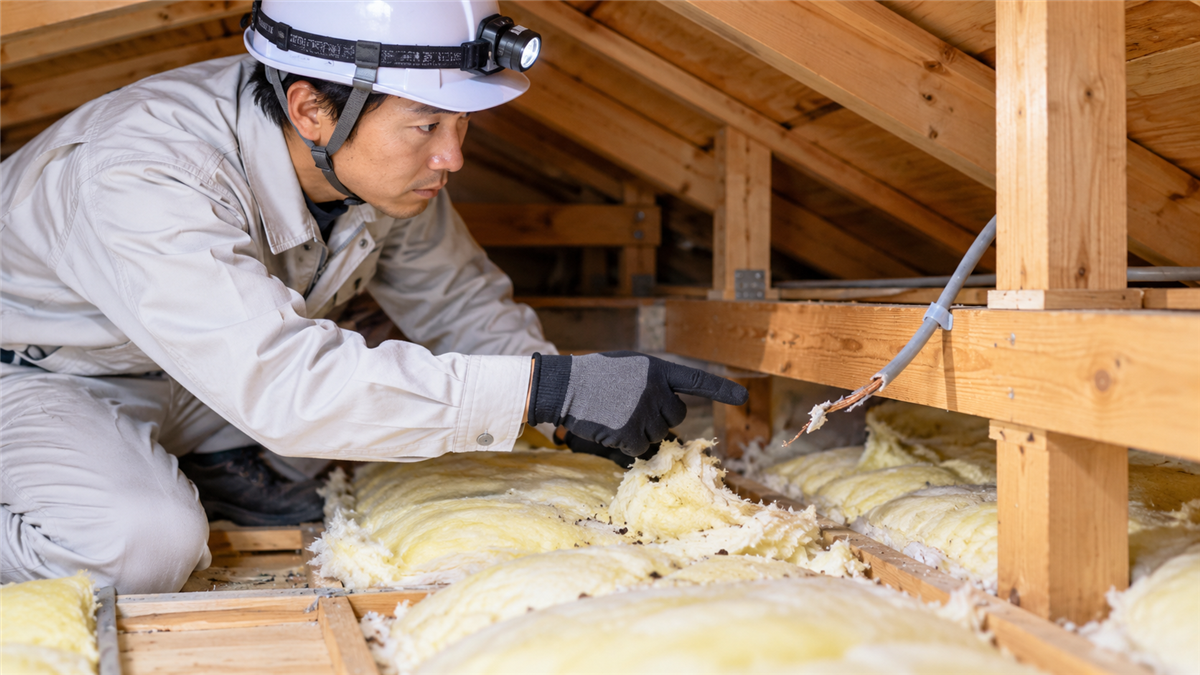 屋根裏の断熱材と配線に見られる害獣被害の点検