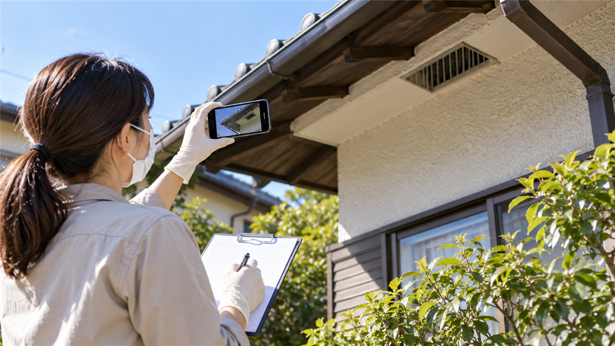 手袋とマスクを着用して出入り形跡を撮影する住宅所有者