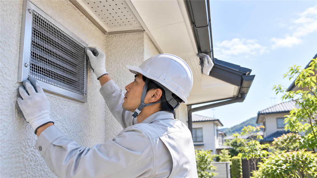 換気口へ金属メッシュを設置して侵入を予防する作業