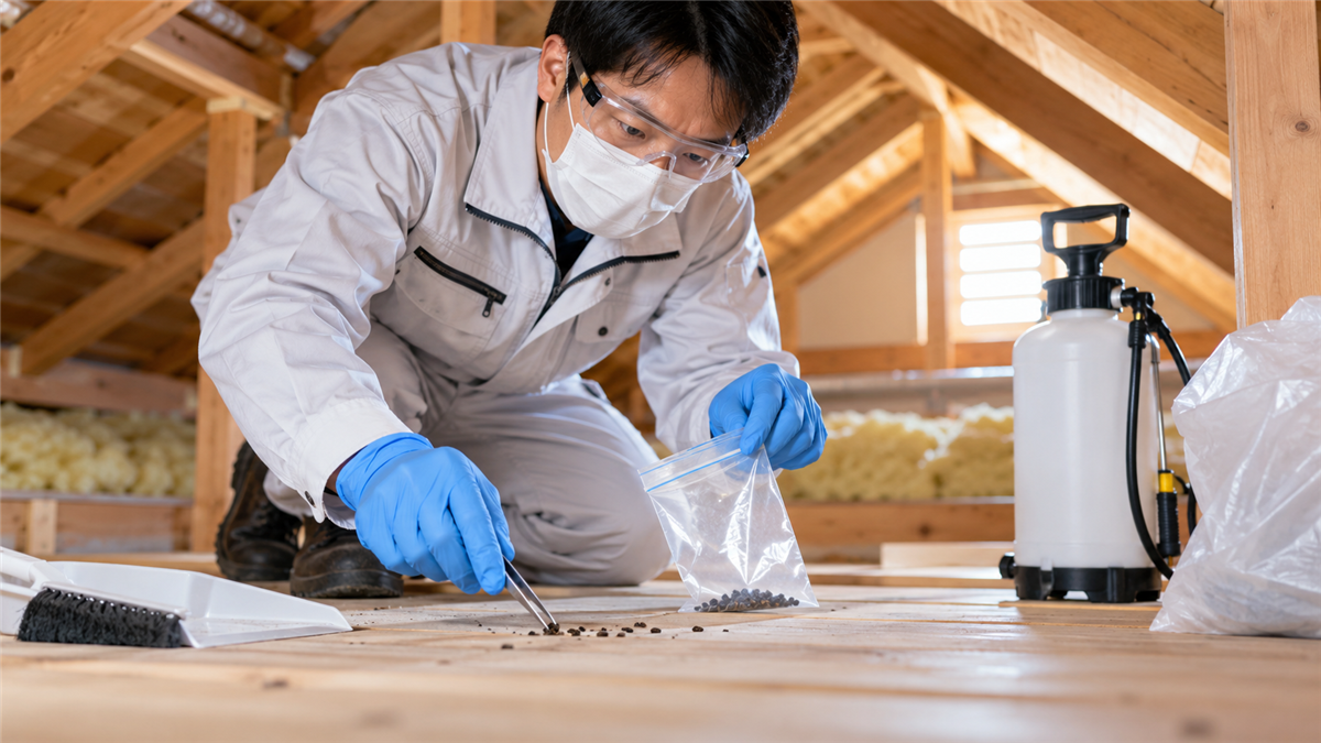 防護具を着けて害獣のフンを安全に回収する専門業者