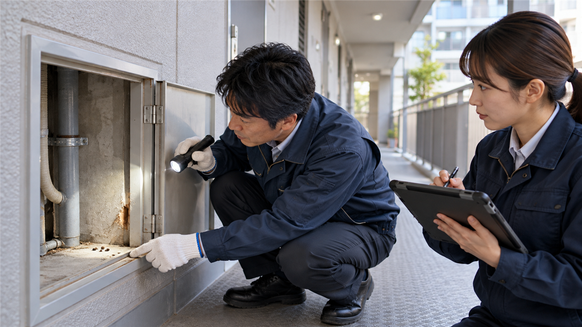 分譲マンションの共有部分を点検し被害情報を記録する管理担当者