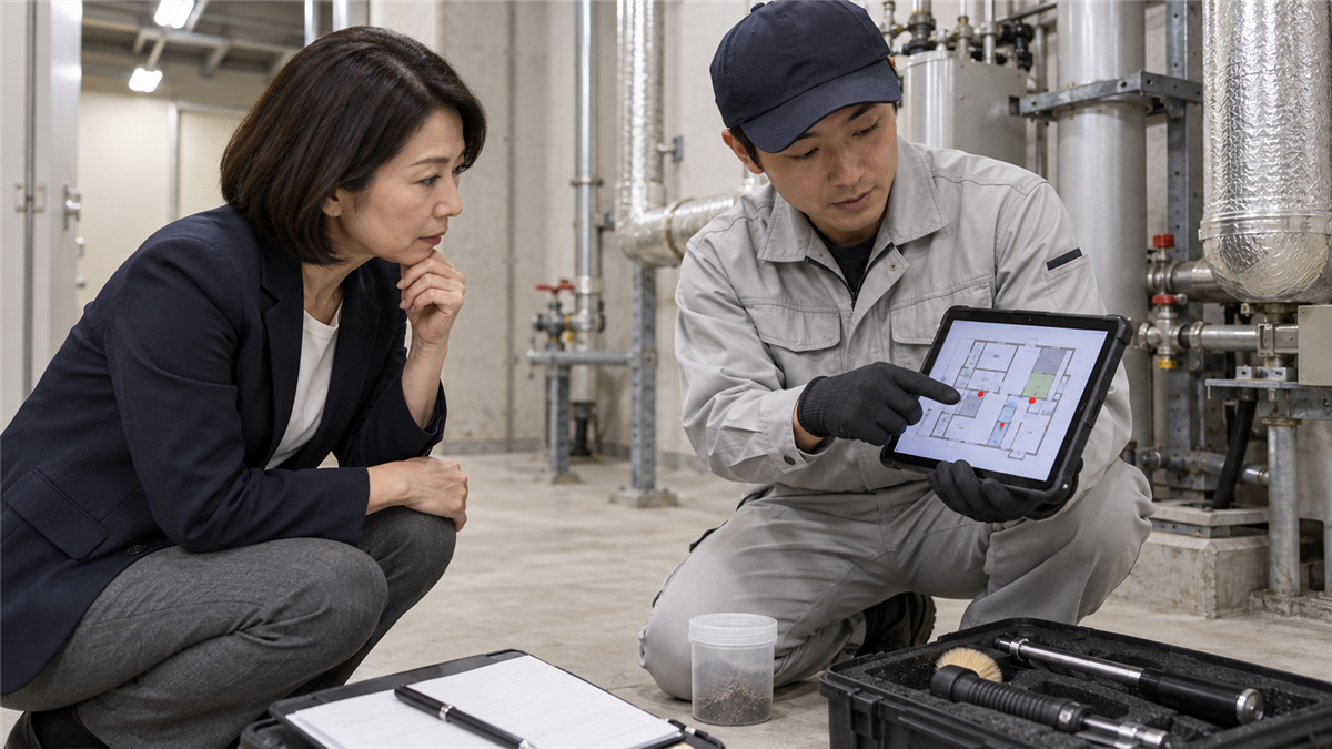 管理組合の担当者が害獣駆除の専門業者から調査結果の説明を受ける様子