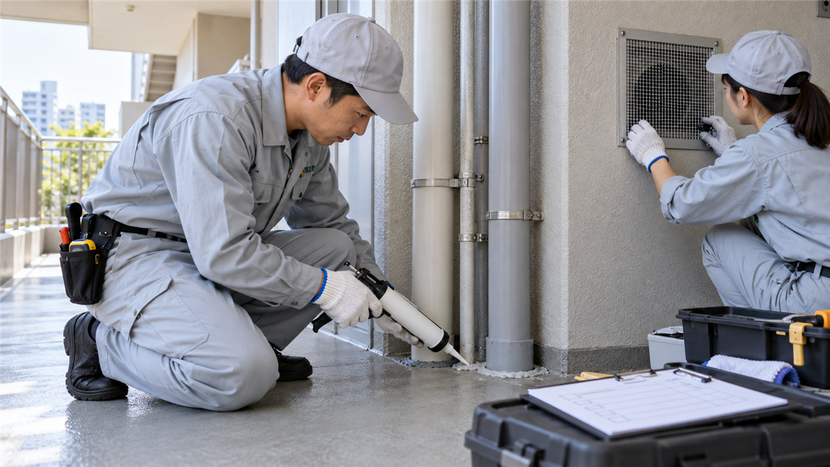 マンションの配管周辺の隙間と通風口を補修する作業員