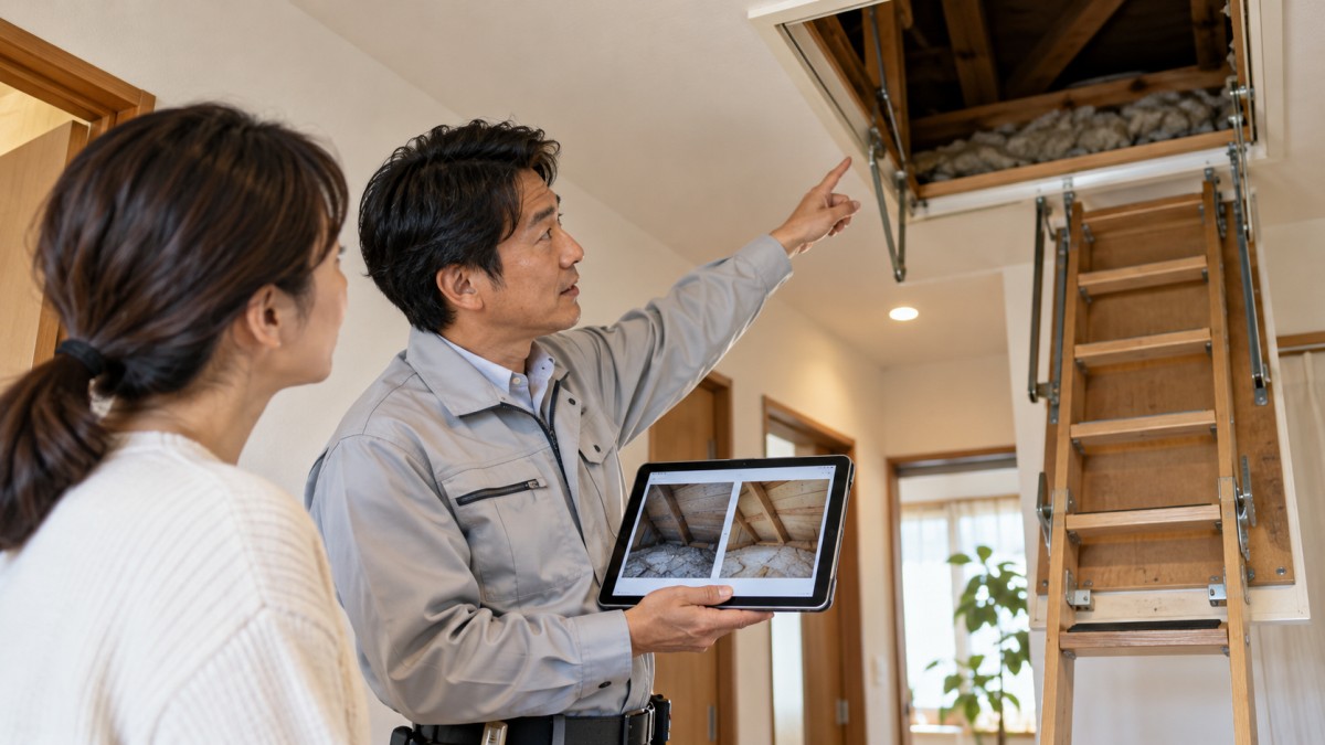 屋根裏の施工実績を説明する害獣駆除業者