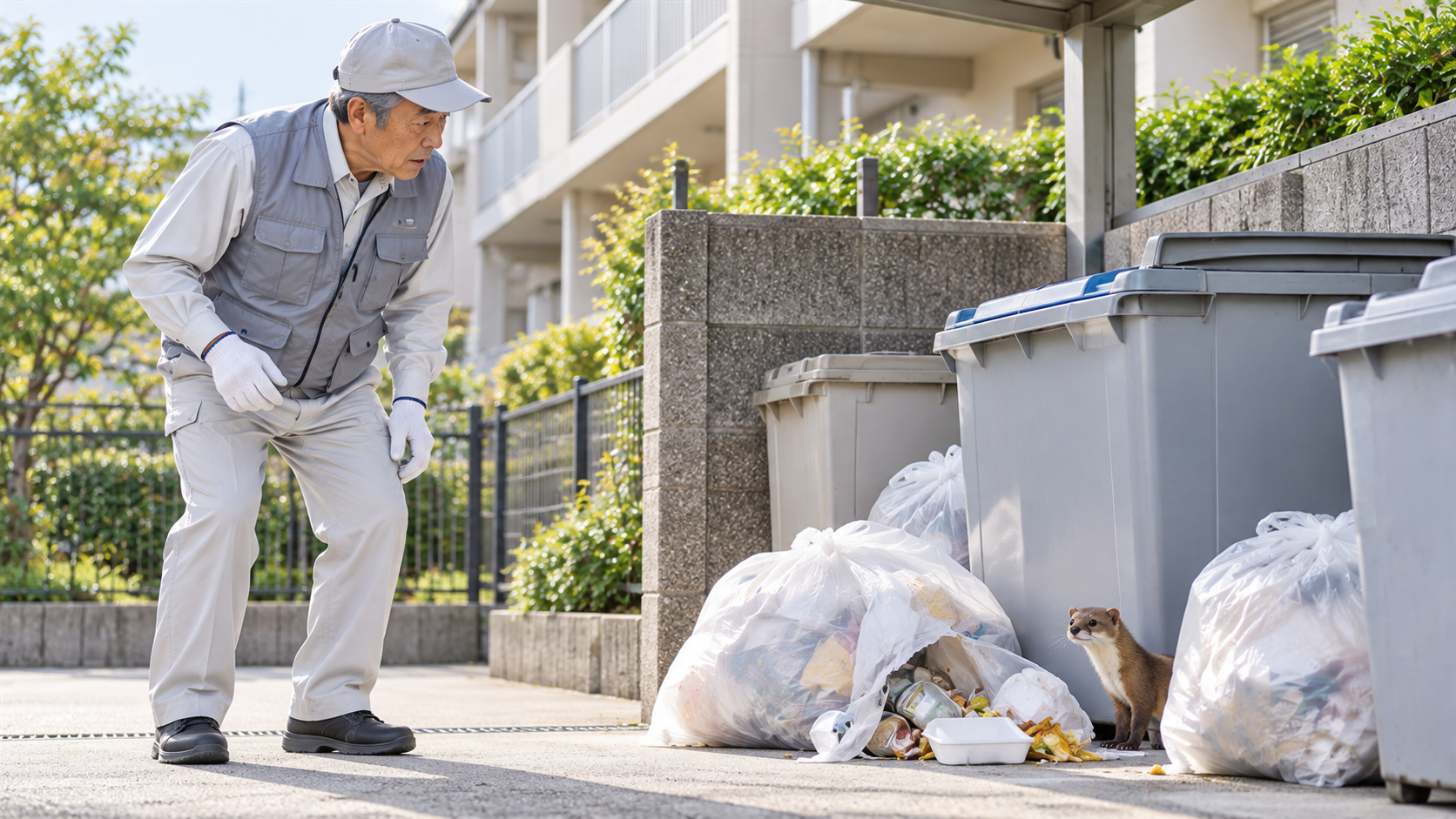 マンションのゴミ置き場で、イタチに荒らされたゴミ袋を見る管理人